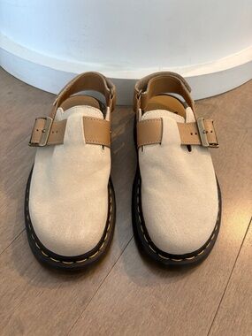Dr. Martens Beige Suede Jorge II Clog Mules with Tan Strap